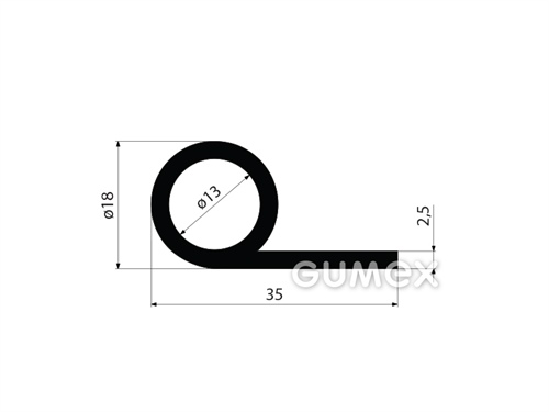 Gumový profil tvaru "P" s dutinkou, 35x18/2,5mm, dĺžka 6000mm, 70°ShA, EPDM, -40°C/+100°C, čierny